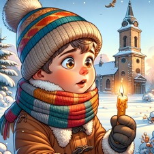 DALL·E 2023-11-28 17.00.32 - A nine-year-old child in a comic style, standing outdoors in winter clothing, curiously looking at a burning candle in their hand. The child has a war