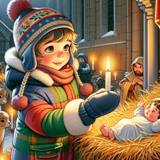 DALL·E 2023-11-28 17.16.35 - A nine-year-old child in a comic style, inside a church at the nativity scene, wearing winter clothing. The child is giving a candle to the baby Jesus
