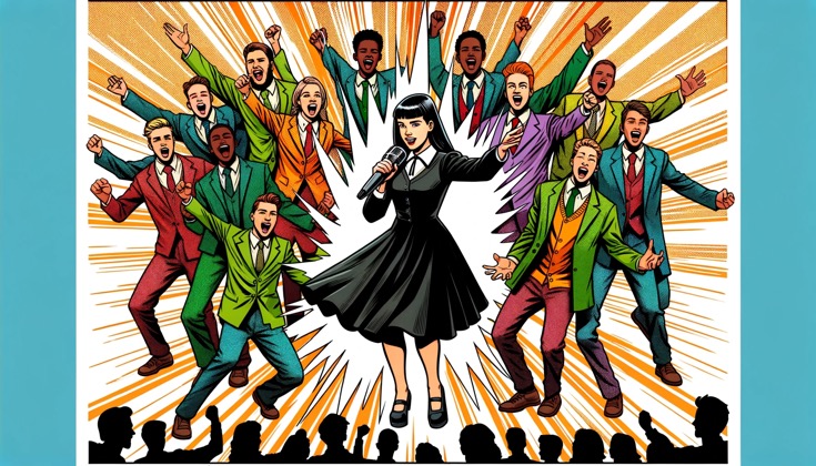 DALL·E 2024-01-12 21.21.24 - Ein farbiges Comic-Stil Bild eines Gospelchors mit jüngeren Menschen und einer jungen weiblichen Chorleiterin mit schwarzen Haaren. Der Chor besteht a
